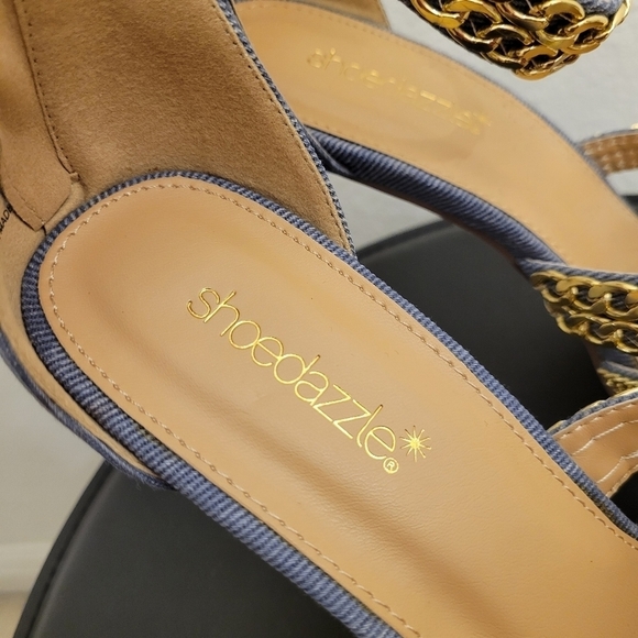 Shoedazzle Denim Pointed Toe Ankle Strap Stilettos Heel Gold Chains SZ 10 - Picture 7 of 13